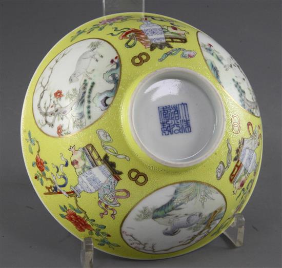 A Chinese sgraffito yellow ground medallion bowl,